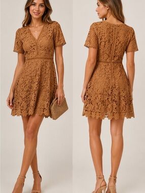 NWT Adelyn Rae Crochet Lace Mini Dress Brown Camel Size M